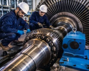 Technicians inspecting large turbine rotor assembly